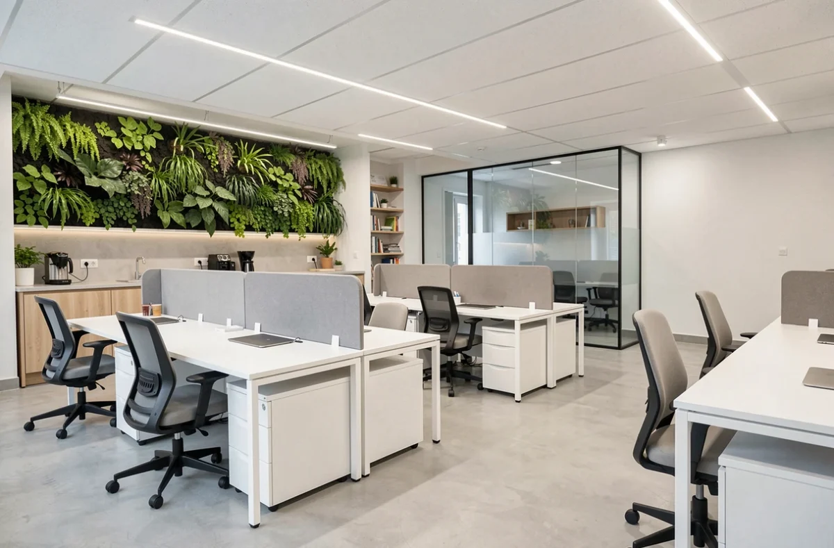 Now Coworking Lyon, espace de travail moderne avec cloisons vitrées et mur végétal