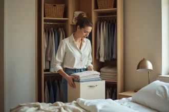 Femme organisant sa penderie avec des boîtes de rangement en tissu et des étagères bien ordonnées