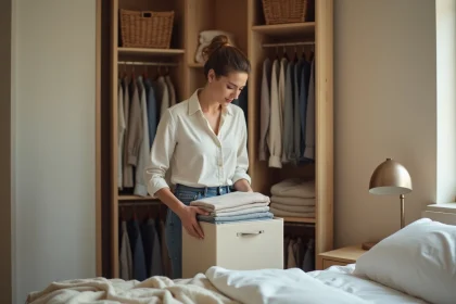 Femme organisant sa penderie avec des boîtes de rangement en tissu et des étagères bien ordonnées