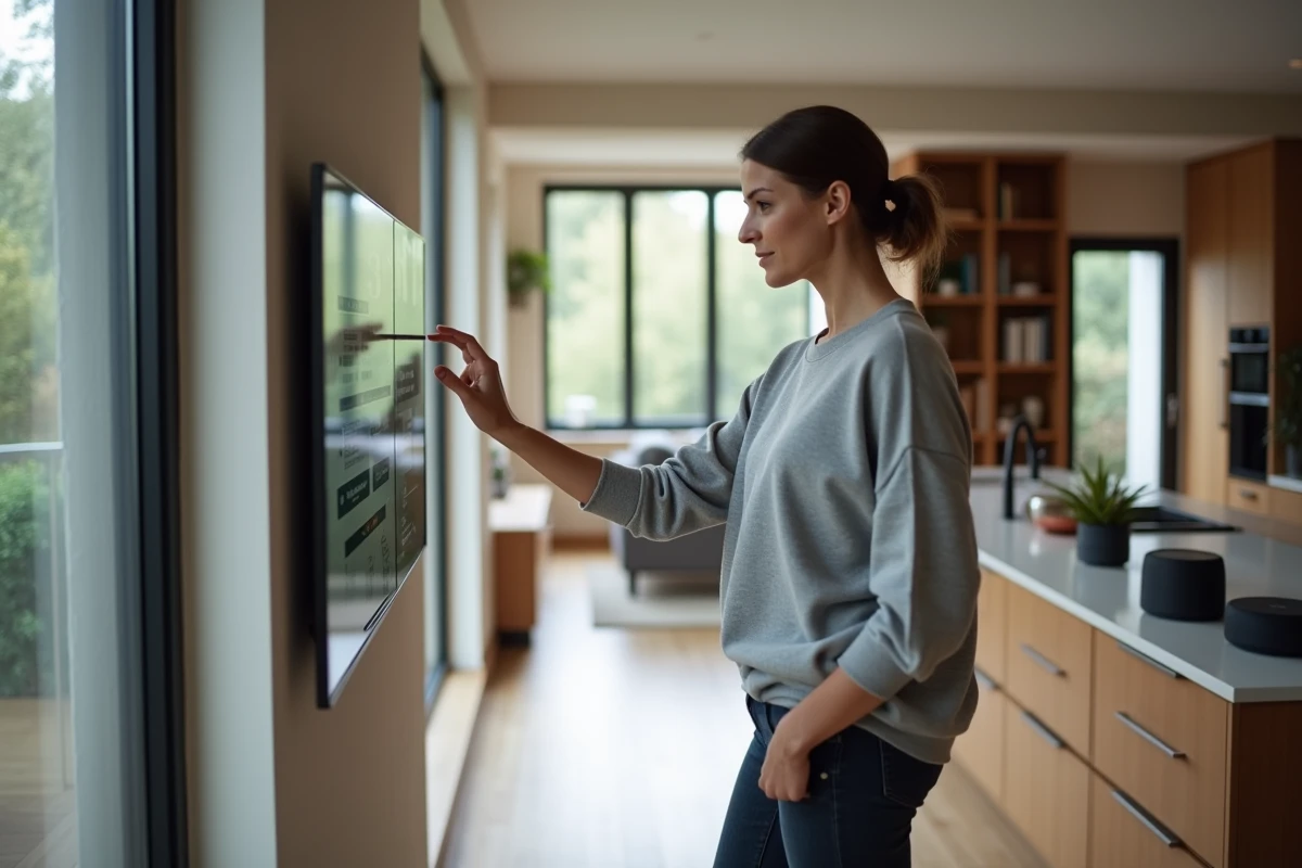 Femme utilisant un panneau de contrôle domotique dans un salon connecté moderne