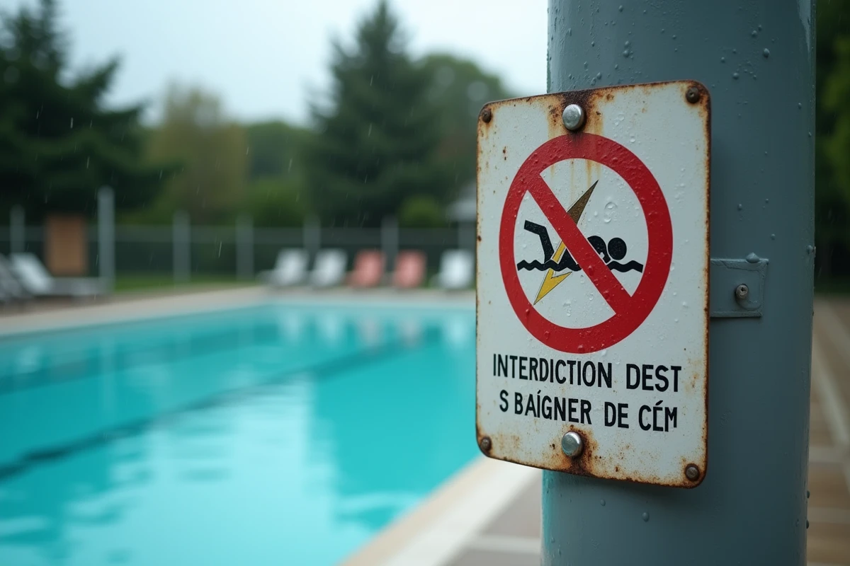 Panneau d'interdiction de baignade en cas d'orage affiché au bord d'une piscine publique vide