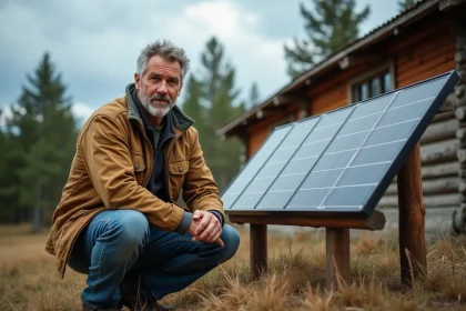 Homme installant des panneaux solaires dans un habitat hors réseau entouré de forêt de pins