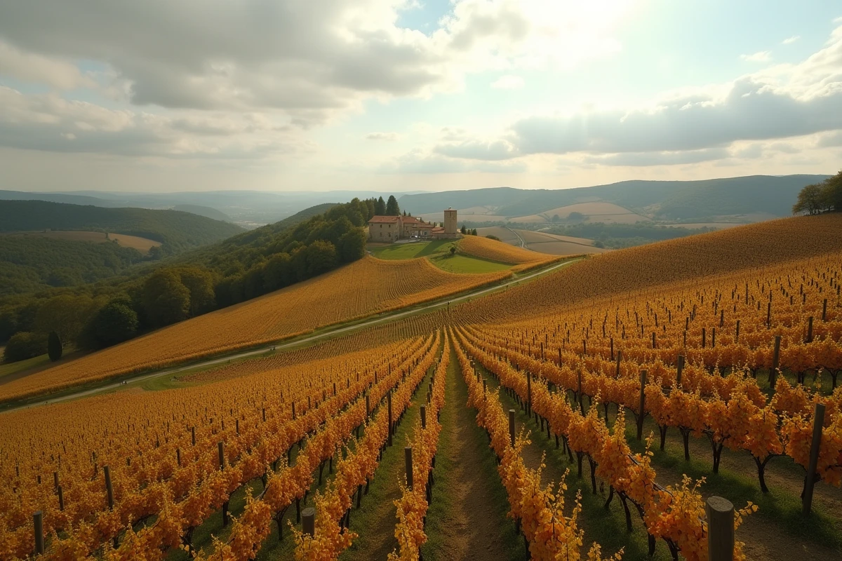 Panorama de vignobles dorés en automne dans la région de l'Armagnac avec hameaux gascons et collines boisées en arrière-plan
