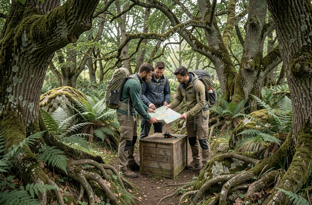 Groupe d'aventuriers résolvant des énigmes en plein air dans une forêt bretonne lors d'un escape game outdoor au Parc Adrénature Aventure près de Concarneau