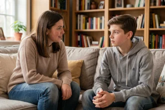 Parent et adolescent en conversation calme et bienveillante dans un salon familial chaleureux