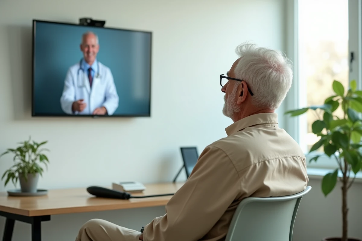 Patient âgé en téléconsultation médicale dans une salle de soins connectée et moderne