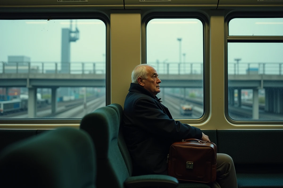 Homme fatigué dans un train de banlieue regardant par la fenêtre un paysage urbain industriel, symbolisant les longues migrations pendulaires liées à l'étalement urbain