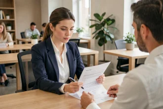 Jeune femme en entretien d'embauche révisant un contrat de travail avec période d'essai dans un bureau moderne