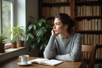 Femme introspective assise à un bureau en bois, illustrant le type de personnalité intuitive