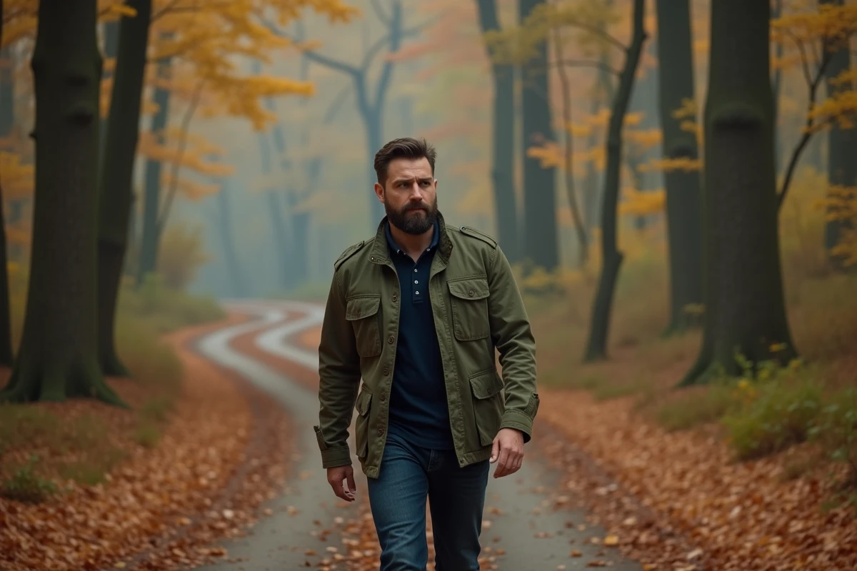 Homme pensif marchant dans une forêt en automne, symbolisant la pensée intuitive et la réflexion intérieure