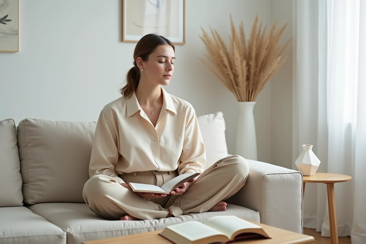Jeune femme méditant sur un canapé dans un intérieur minimaliste, représentant la personnalité de type intuitif