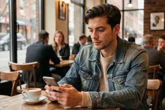 Jeune adulte réfléchissant à son identité bisexuelle dans un café, consultatnt un site de rencontre sur smartphone