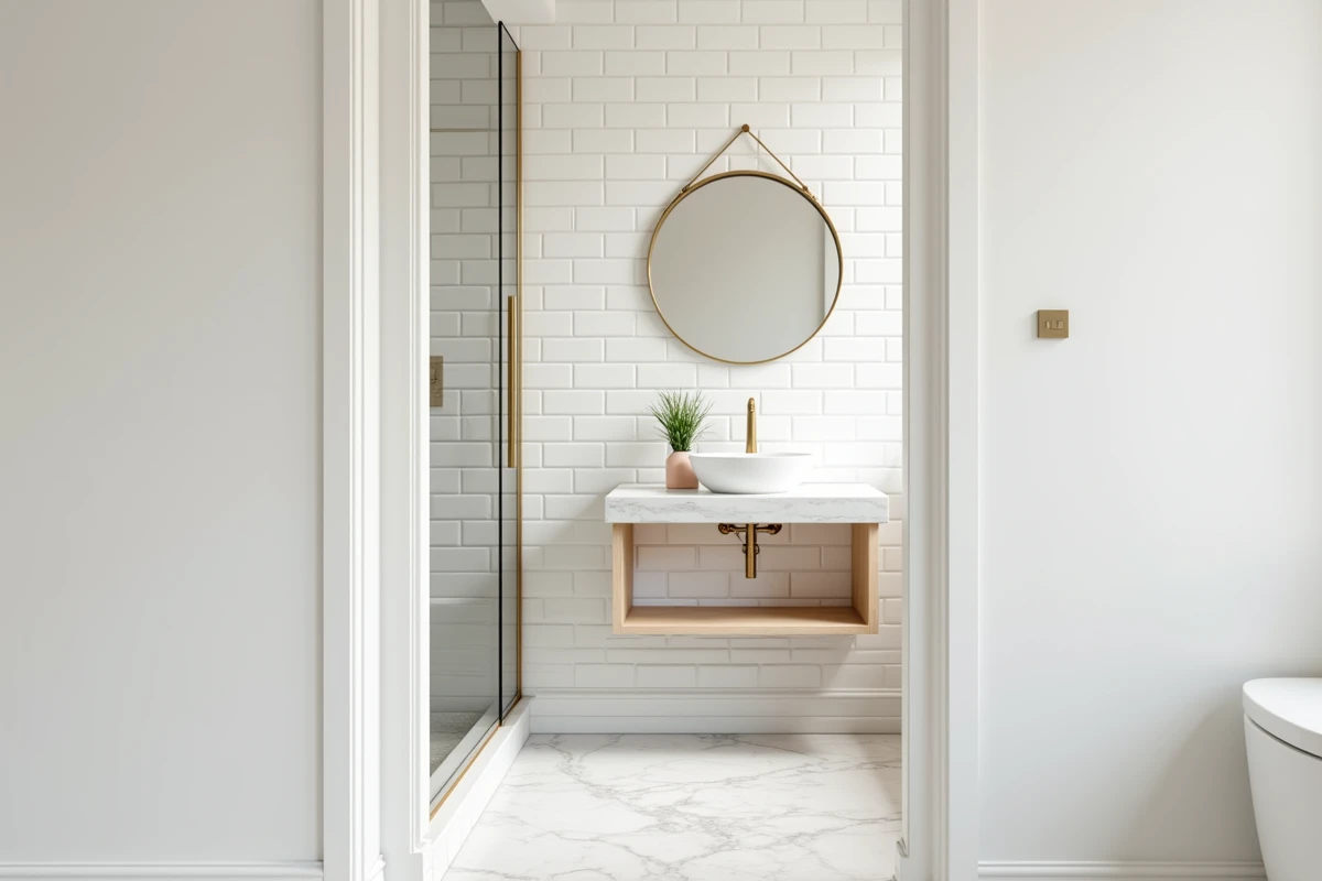 Petite salle de bain agrandie visuellement avec carrelage grand format, douche en verre et vasque flottante pour optimiser l'espace