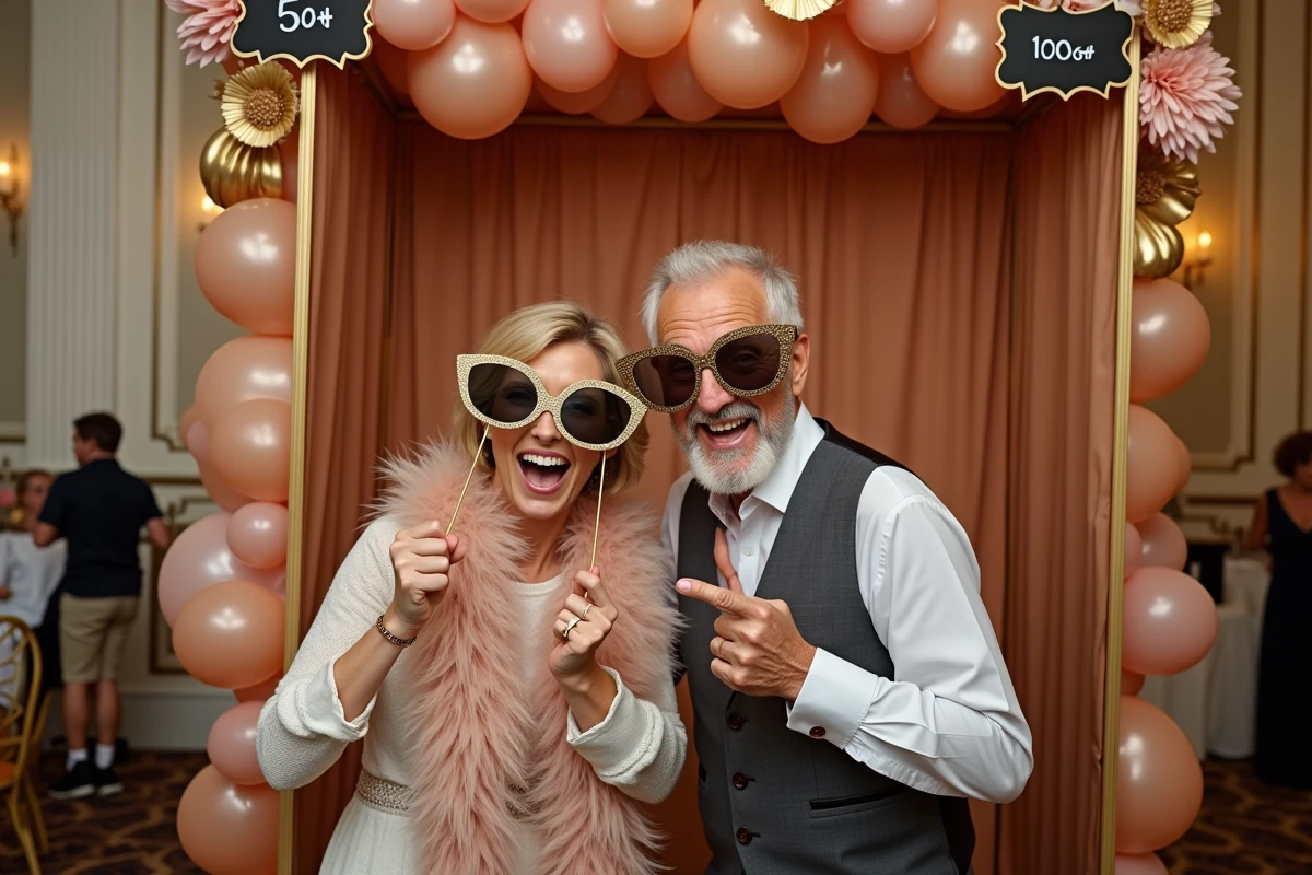 Couple posant dans un photobooth décoré sur mesure avec tirages immédiats pour un anniversaire de 50 ans
