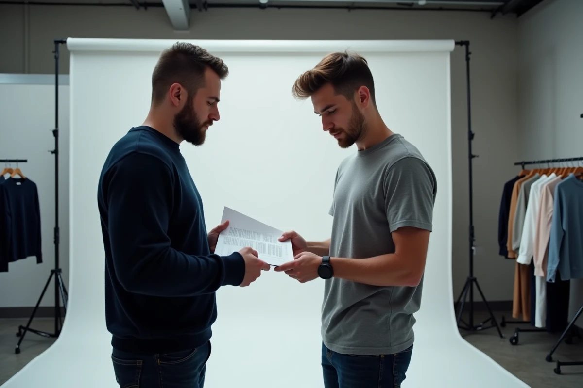 Photographe remettant un brief créatif à un modèle masculin dans un studio photo professionnel moderne