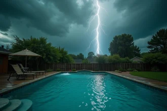 Piscine résidentielle vide sous un orage violent avec éclairs visibles dans le ciel chargé de nuages sombres