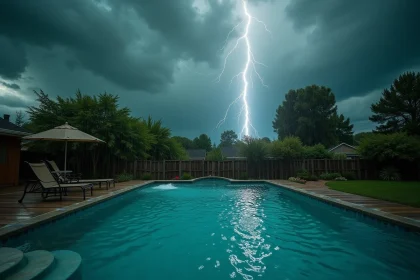 Piscine résidentielle vide sous un orage violent avec éclairs visibles dans le ciel chargé de nuages sombres