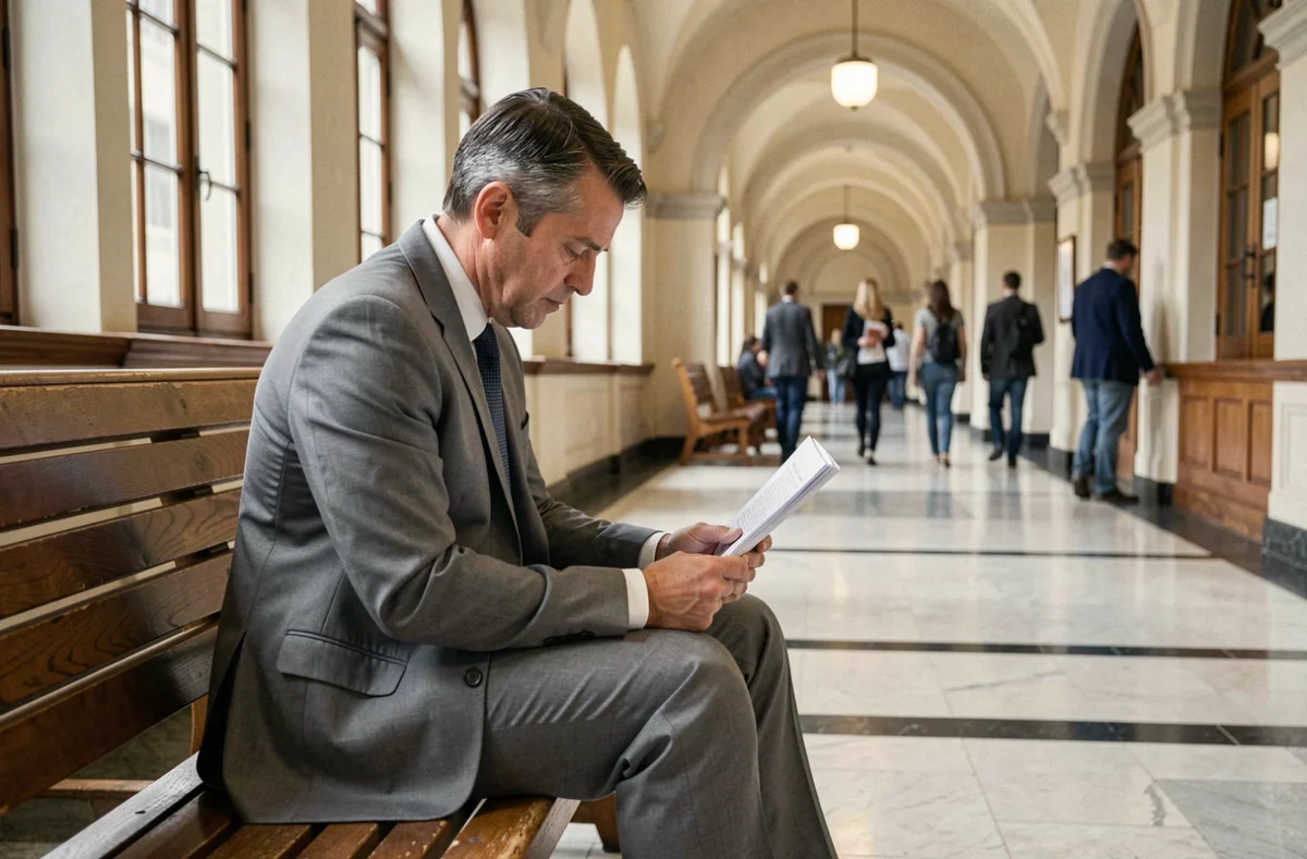 Homme en costume gris assis seul dans un couloir de palais de justice lisant un document légal, symbolisant une décision défavorable après avoir été débouté de sa requête