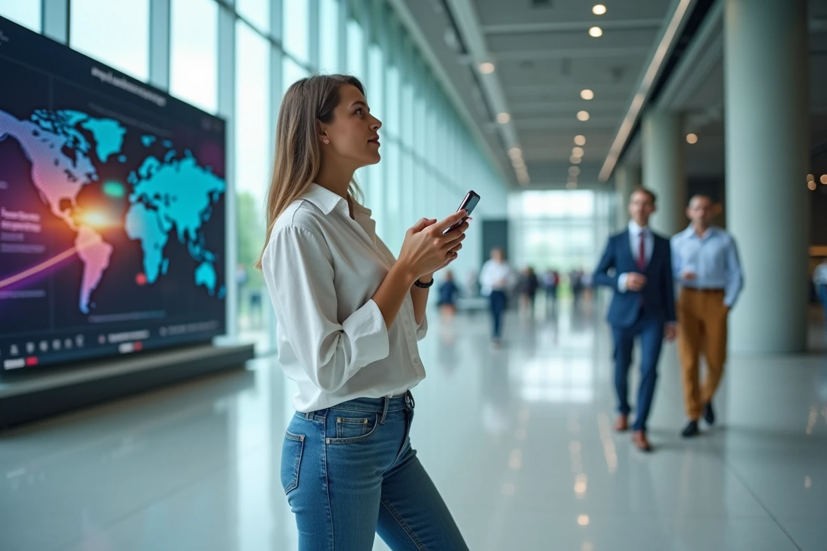 Une jeune femme admirant l'interface d'un grand site web mondial dans un hall technologique moderne, symbolisant les plateformes numériques les plus visitées