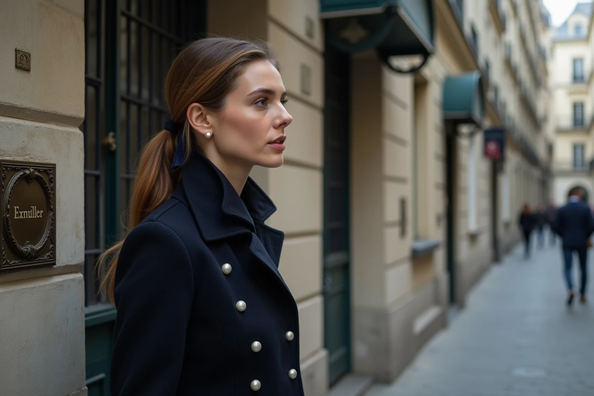 Femme élégante devant la façade historique d'une maison de couture ancienne à Paris