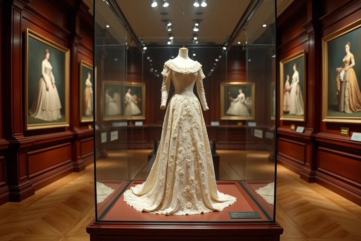 Robe de couture ancienne du XIXe siècle exposée dans une vitrine de musée de la mode