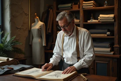 Maître tailleur examinant un registre ancien dans un atelier de haute couture parisien du XIXe siècle
