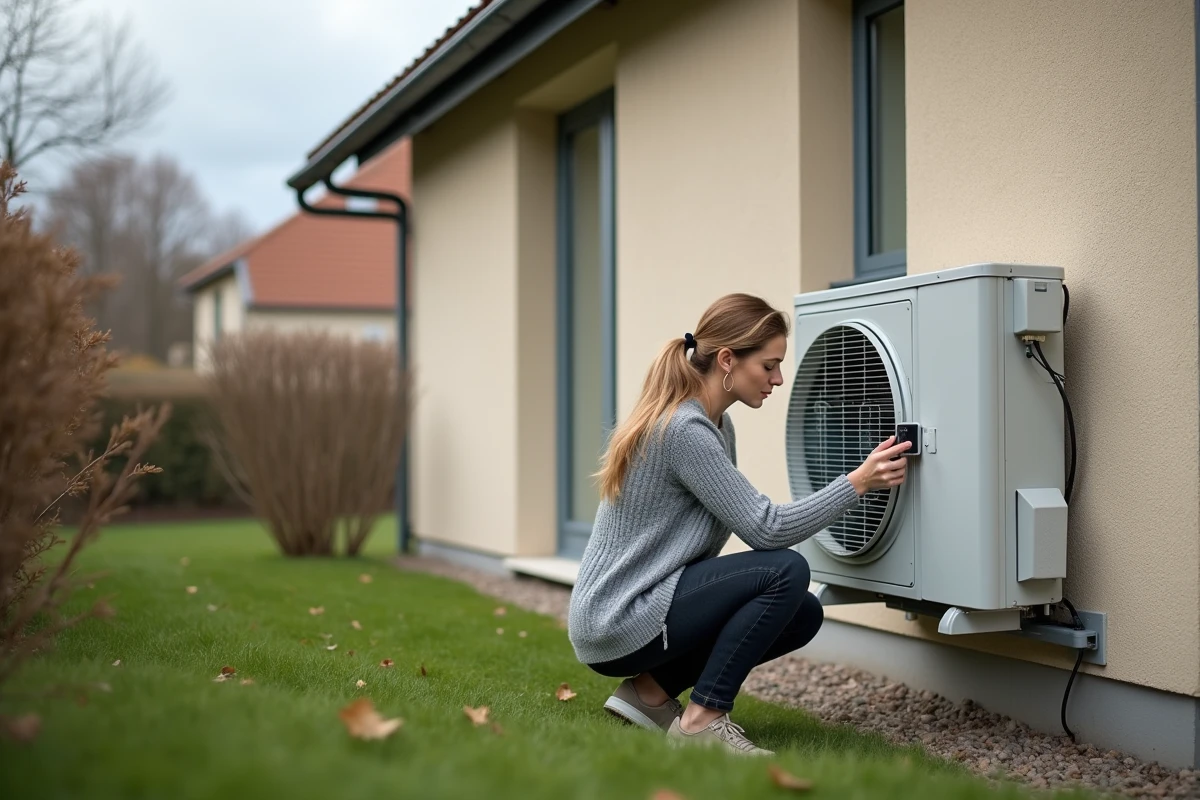 Femme inspectant une pompe à chaleur installée sur la façade d'une maison individuelle pour améliorer le DPE