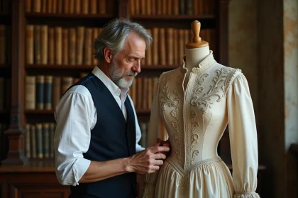 Historien de la mode examinant une robe ancienne du XIXe siècle dans une archive muséale, évoquant l'héritage du premier grand couturier Charles Frederick Worth