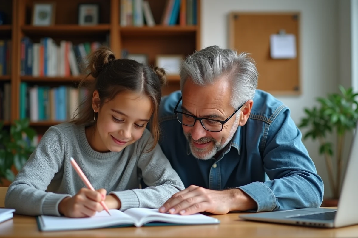 Père aidant sa fille adolescente à faire ses devoirs, représentant l'importance de l'éducation dans les priorités familiales