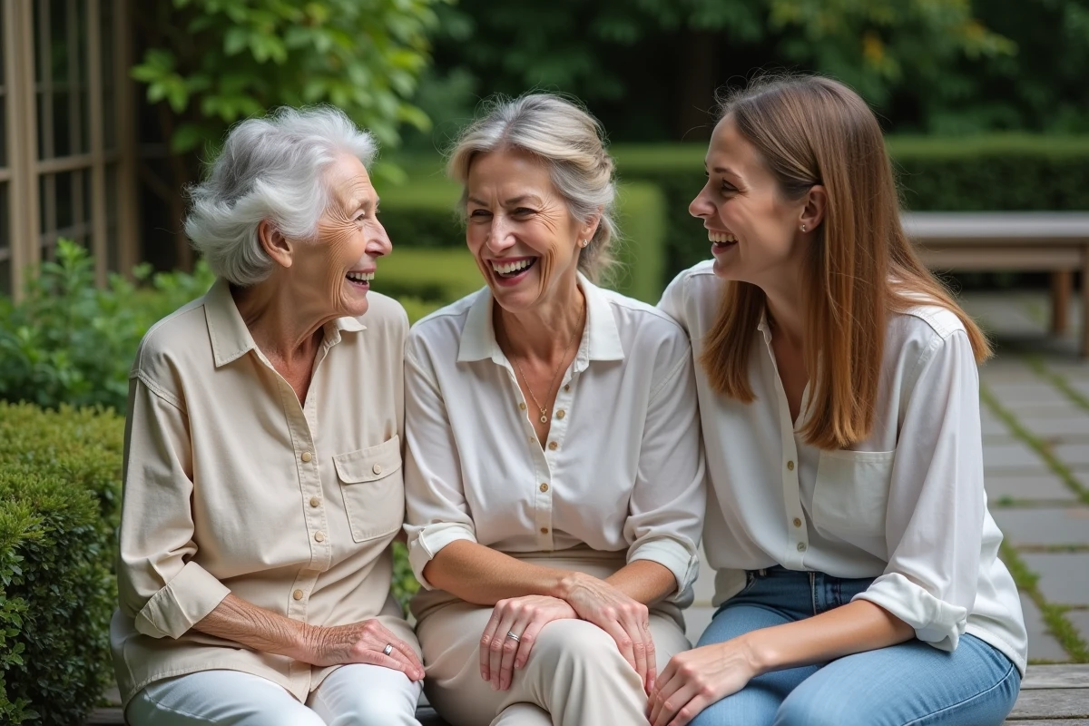 Trois générations de femmes réunies dans un jardin, symbolisant les liens intergénérationnels et les valeurs familiales partagées
