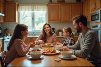 Famille réunie autour d'un repas partagé dans une cuisine chaleureuse, illustrant les priorités familiales au quotidien