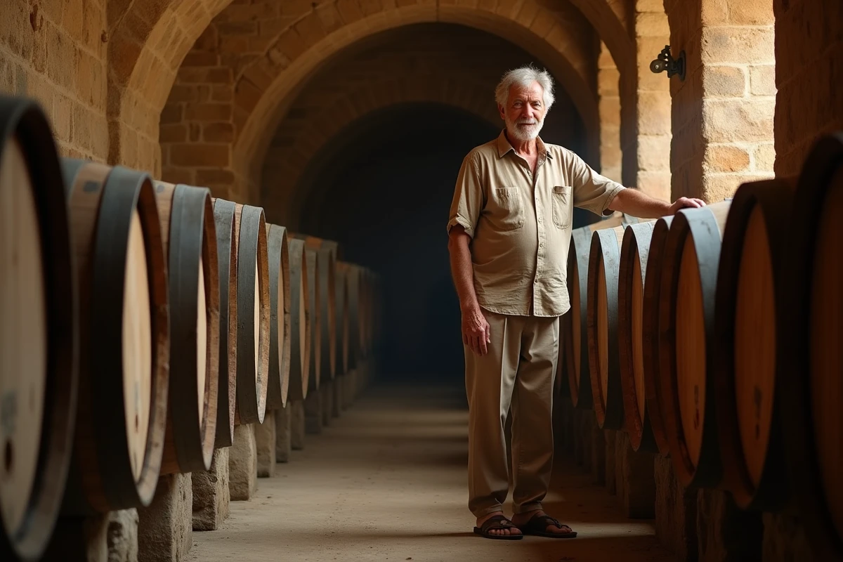 Producteur d'Armagnac âgé posant dans un chai traditionnel en pierre avec des rangées de vieux fûts de chêne en Gascogne