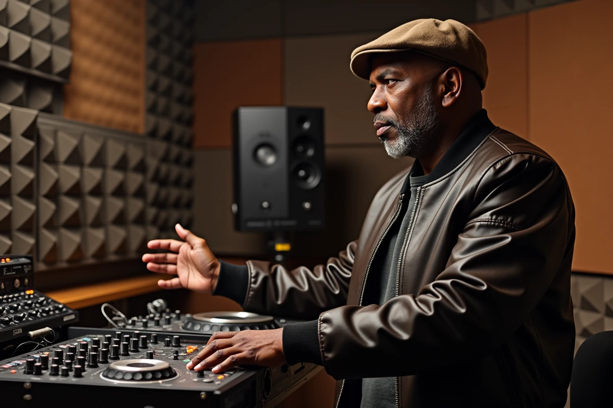 Producteur de hip-hop dans un studio urbain de New York avec une boîte à rythmes 808
