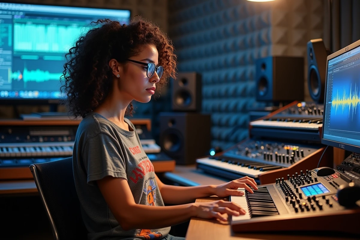 Productrice de musique électronique française dans son studio home, entourée de synthétiseurs modulaires et d'un DAW, travaillant sur son son signature