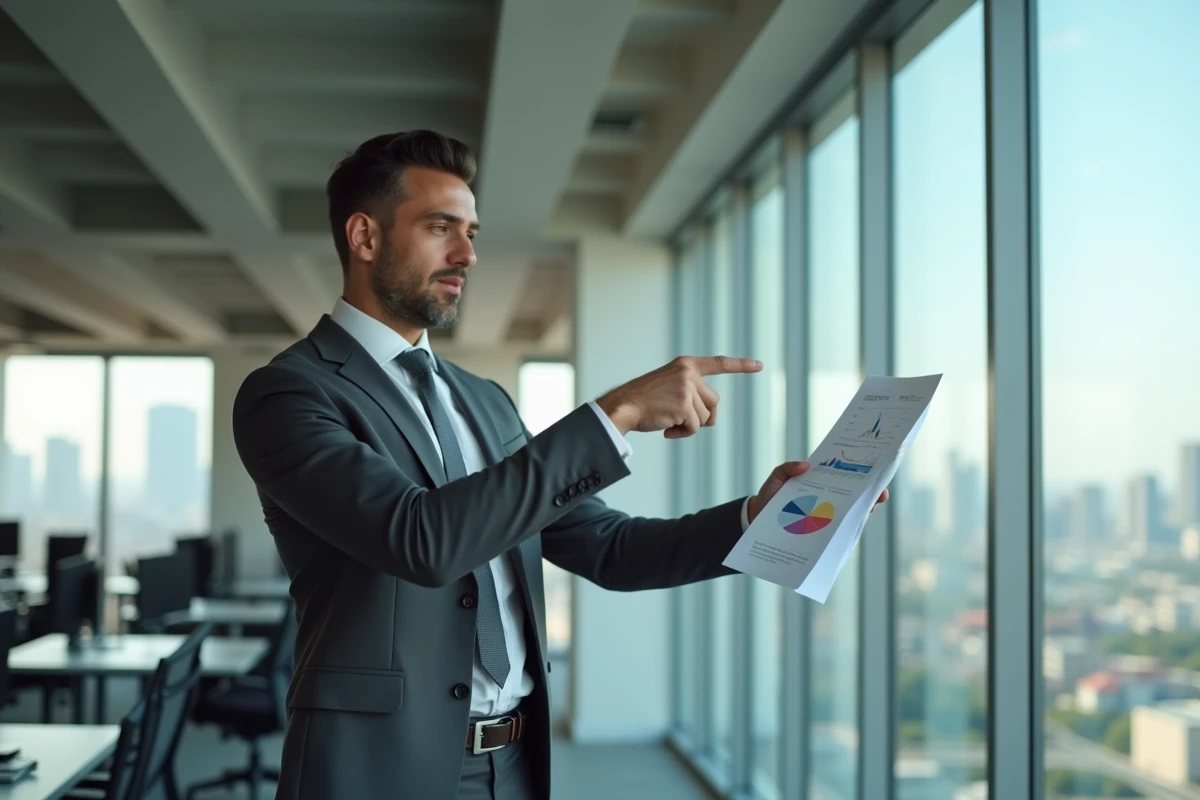 Jeune professionnel en finance présentant un rapport financier dans un bureau moderne en entreprise