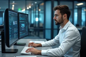 Professionnel IT analysant des documents ISO 27000 sur un poste de travail en open space sécurisé