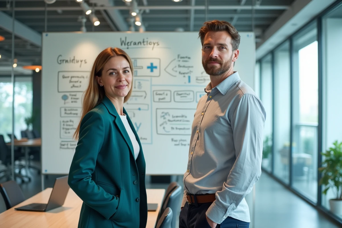 Deux professionnels discutant des objectifs d'une interface utilisateur devant un tableau blanc en agence