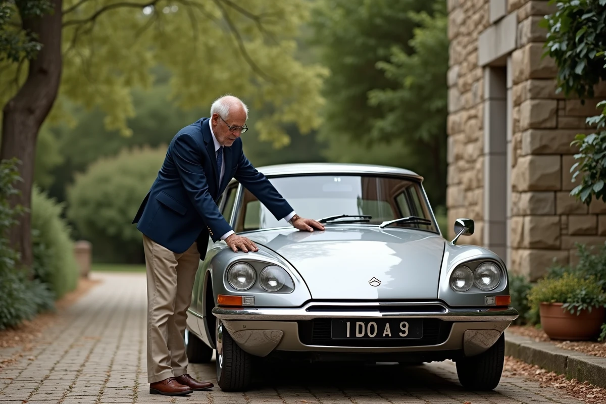 Homme entretenant une Citroën DS ancienne classée véhicule de collection devant une ferme française