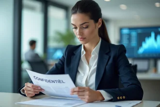 Professionnelle analysant des documents confidentiels dans un bureau moderne pour la protection des données