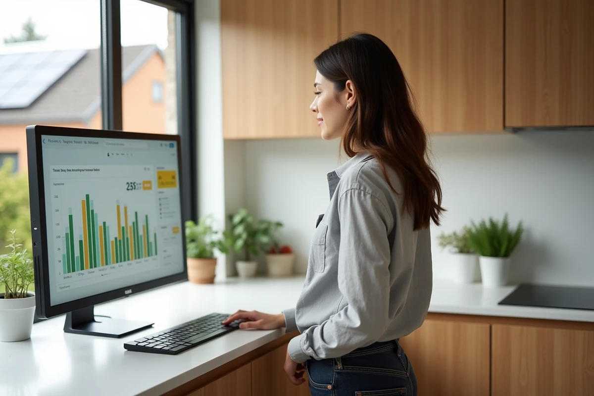 Femme consultant un tableau de bord de consommation d'énergie solaire en autoconsommation dans une cuisine moderne