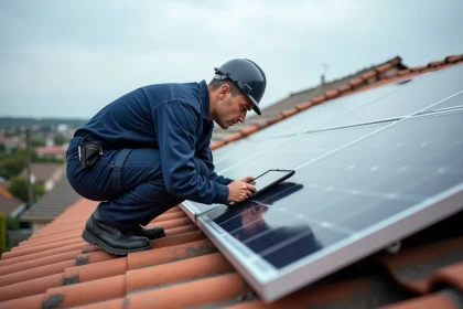 Technicien inspectant des panneaux solaires sur un toit résidentiel pour une installation en autoconsommation