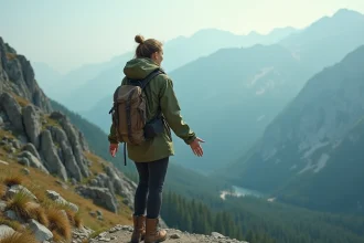Randonneuse contemplant un paysage de montagne brumeux depuis une crête, symbole du but de l'aventure