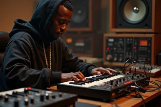 Rappeur masculin devant une boîte à rythmes Roland TR-808 dans un studio d'enregistrement vintage
