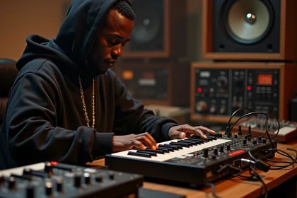 Rappeur masculin devant une boîte à rythmes Roland TR-808 dans un studio d'enregistrement vintage
