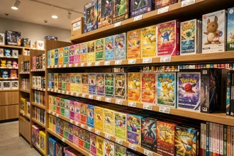 Rayon de boutique de cartes Pokémon avec boosters Méga Évolution exposés sur des étagères modernes