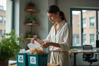 Femme triant des déchets dans des poubelles de recyclage au bureau pour adopter une démarche écologique au travail