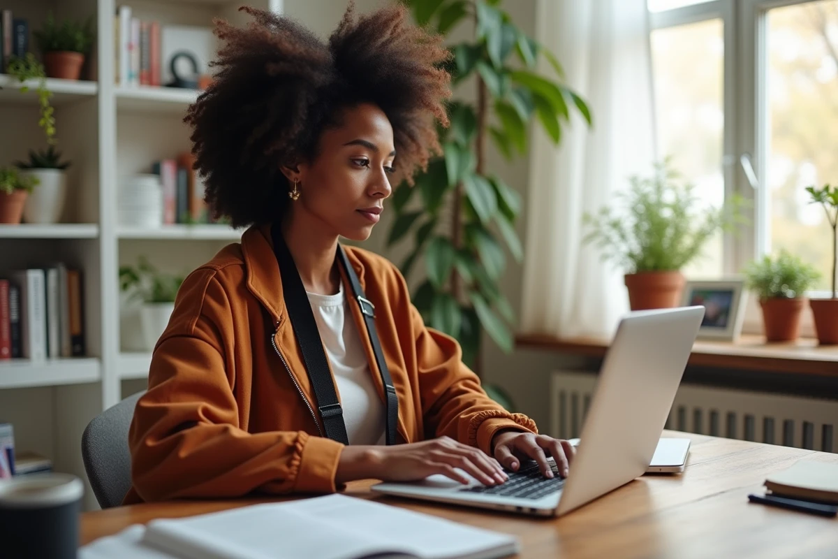Photographe rédigeant une demande de collaboration par email sur un ordinateur portable dans un bureau créatif à domicile