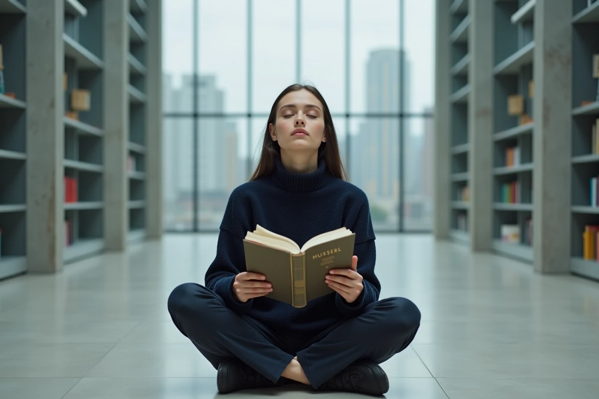 Jeune femme pratiquant la réduction phénoménologique husserlienne dans une bibliothèque moderne minimaliste avec un livre de philosophie