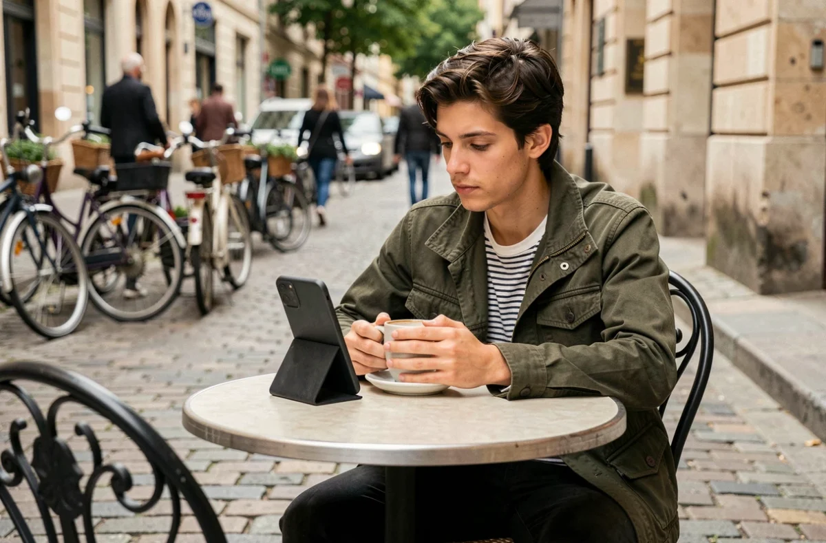 Jeune adulte regardant des stories Instagram discrètement sur un smartphone posé sur une table de café en terrasse