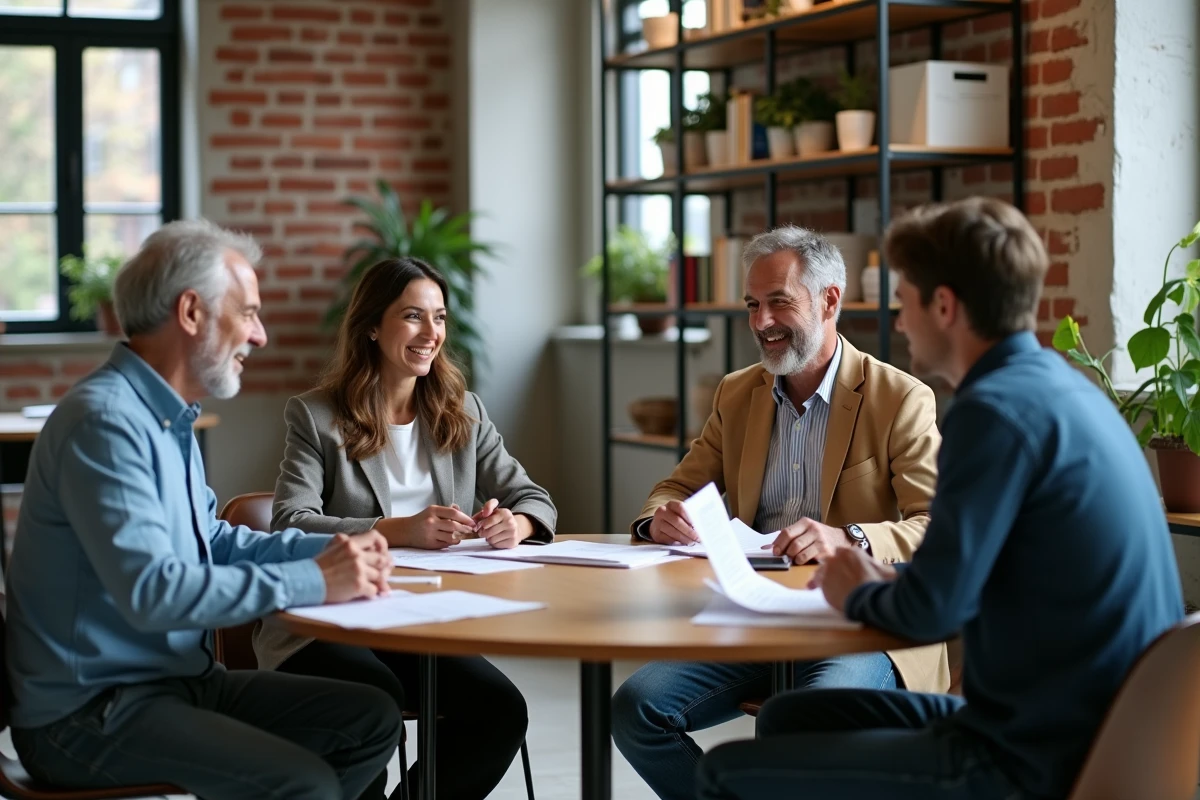 Quatre personnes de générations différentes échangent autour d'une table dans un espace de travail collaboratif, représentant le dialogue intergénérationnel en milieu professionnel